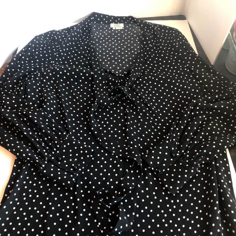 ♠️ Kate Spade Black and White Polka Dot Tie-Neck Bow Long Sleeve Blouse Large